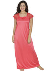 &quot;Comfy&quot; Peach Pink Satin Floral Lace Sleeve Full Length Nightgown - lacysouls