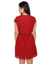Gorgeous Red Fabric Round Neck Flared Sleeves Plain Dress - lacysouls
