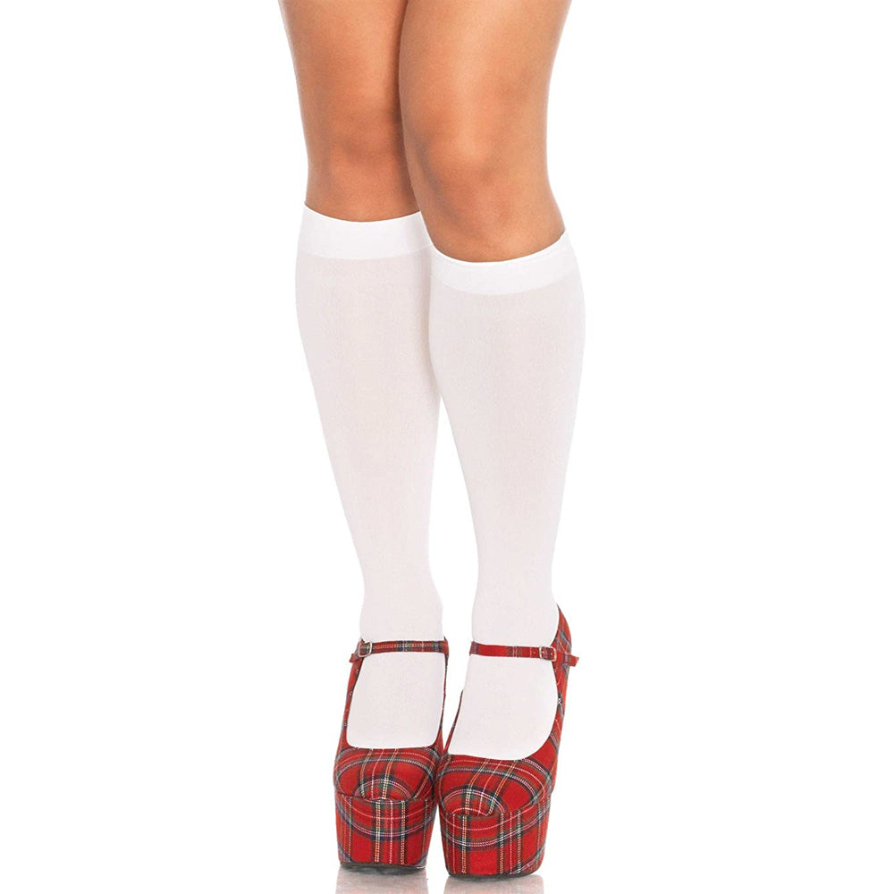 Leg Avenue Women's Nylon Opaque Knee Highs White Hosiery - lacysouls