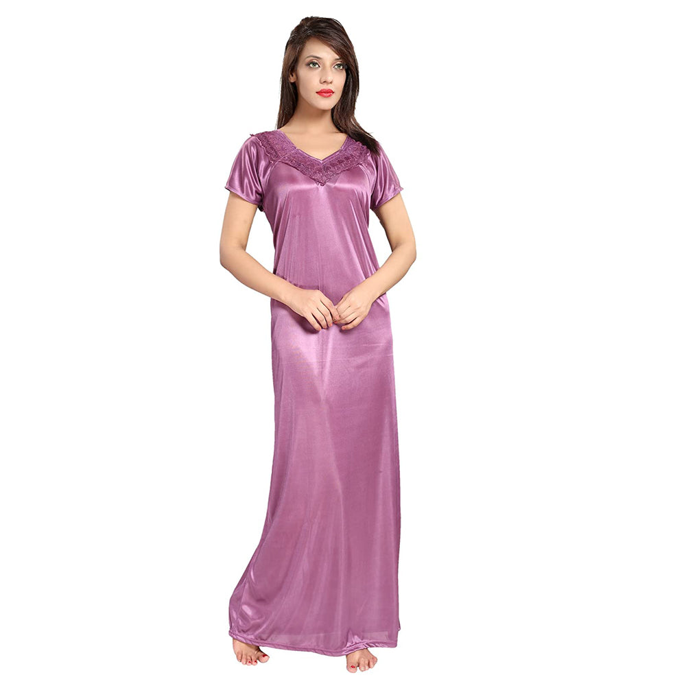 "Comfy" Purple Satin Half Sleeves Full Length Nighty - lacysouls
